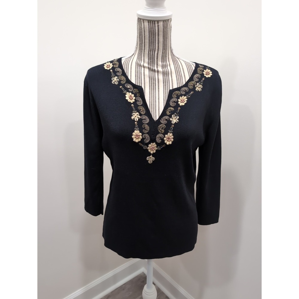 Vintage 80's‎ Joseph A. Floral Embroidered Beaded Plunge Neckline Sweater XL